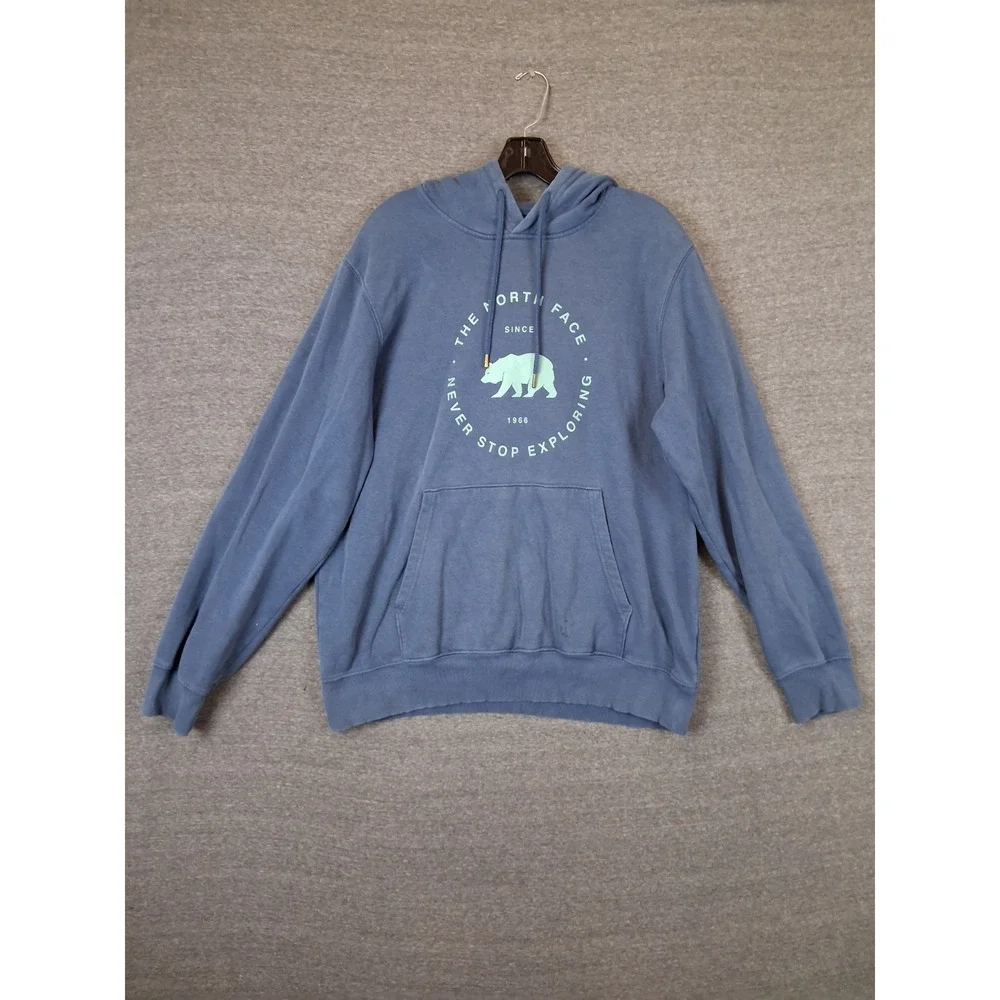 The North Face Mens Sweatshirt L Blue Hoodie Never Stop Exploring Spellout Gorp